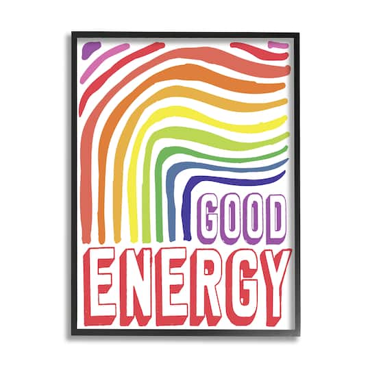 Stupell Industries Good Energy Phrase Abstract Rainbow Waves Bold Typography Framed Wall Art